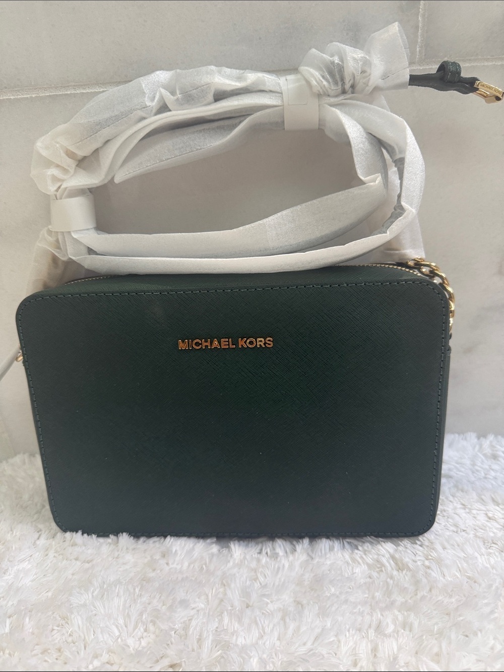 Michael Kors Dark Green Saffiano Leather Crossbody with Gold Hardware